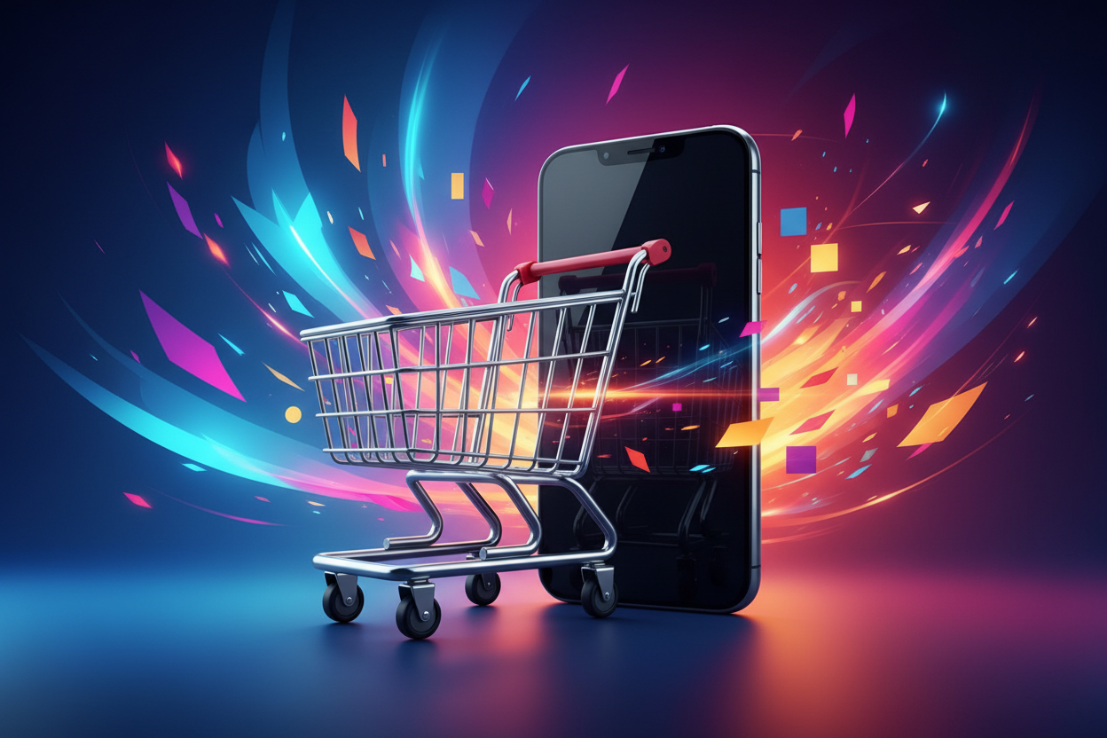 fondos llamativo y vibrante con un carro de compra y celular